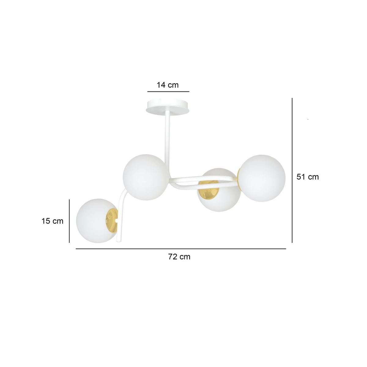 Lampa wisząca Ragnar 4-punktowa w kolorze białym i złotym, z czterema okrągłymi kloszami. Wymiary: długość 72 cm, wysokość 51 cm, średnica kloszy 15 cm. Konstrukcja z białego metalu, częściowo złota wewnątrz kloszy.
