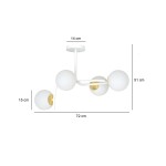 Lampa wisząca Ragnar 4-punktowa w kolorze białym i złotym, z czterema okrągłymi kloszami. Wymiary: długość 72 cm, wysokość 51 cm, średnica kloszy 15 cm. Konstrukcja z białego metalu, częściowo złota wewnątrz kloszy.