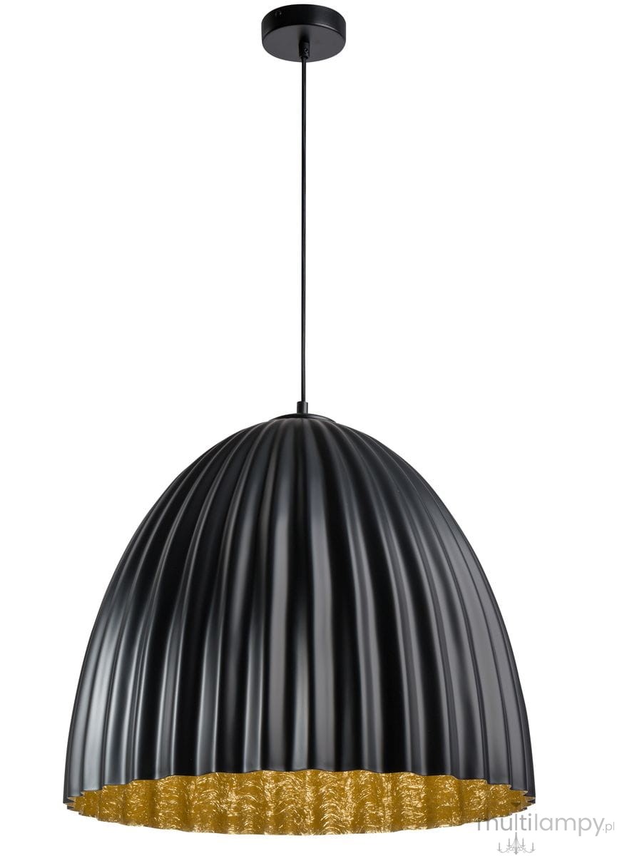 Lampa wisząca Telma 1-punktowa w kolorze czarnym z metalowym, falistym kloszem i złotym wykończeniem. Zawieszona na cienkim, czarnym przewodzie, z okrągłym mocowaniem sufitowym. Idealna do nowoczesnych wnętrz.