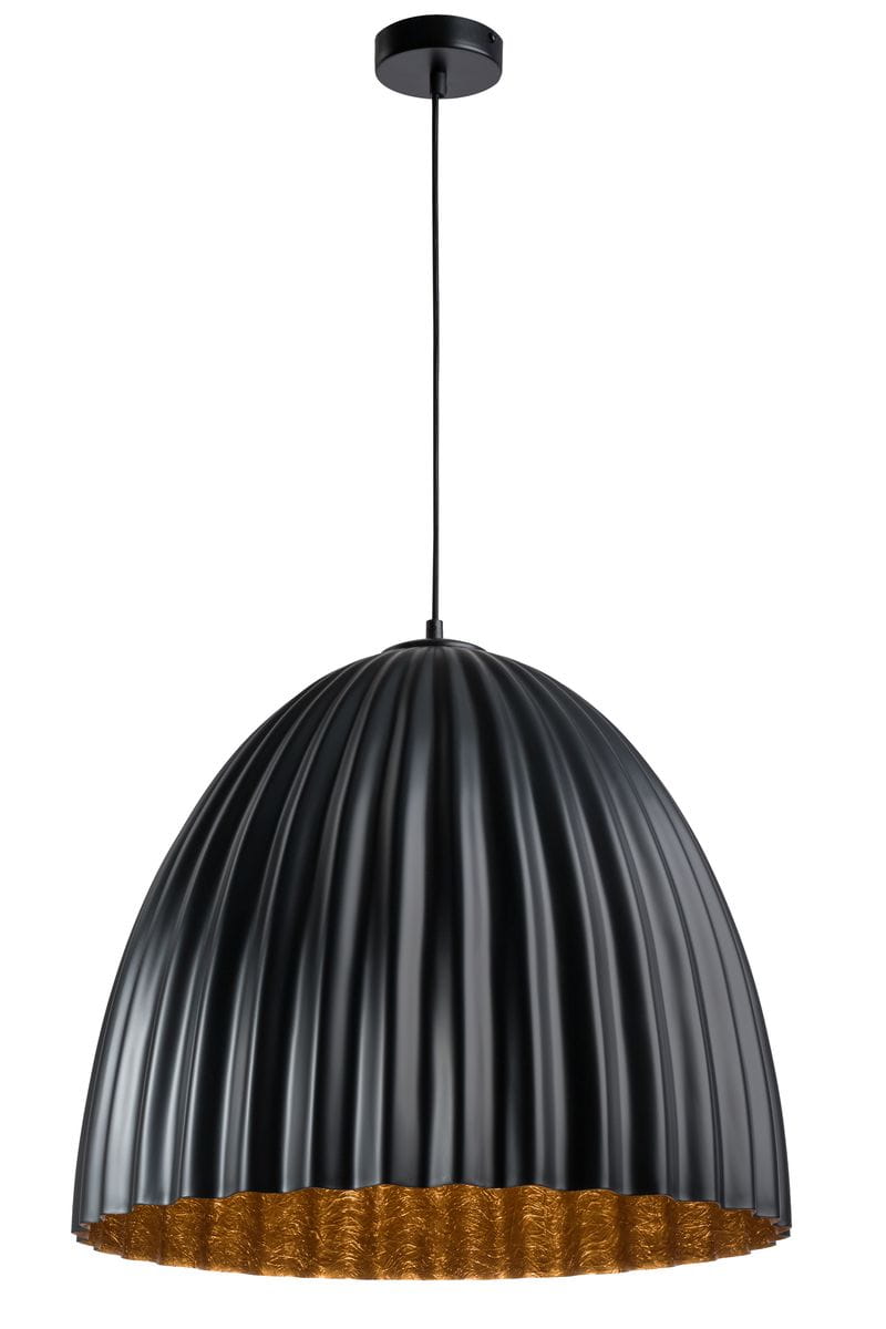 Lampa wisząca Telma 1-punktowa w kolorze czarnym z miedzianym wnętrzem. Posiada zaokrąglony, żłobkowany klosz, zawieszony na cienkim przewodzie. Idealna do nowoczesnych wnętrz, montowana sufitowo.