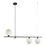 Lampa wisząca Barletta 3-punktowa w kolorze czarnym. Posiada trzy okrągłe, białe klosze oraz metalowy stelaż. Ujęcie z góry pokazuje zawieszenie na długim przewodzie, centralny detal w kolorze złotym. Idealna do nowoczesnych wnętrz.