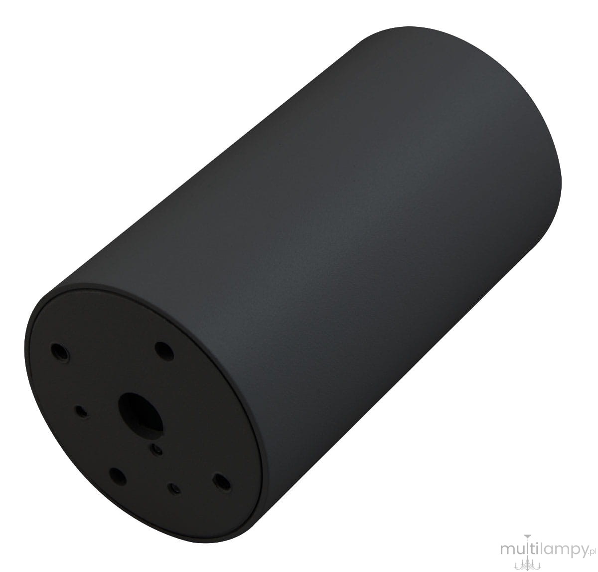 Lampa sufitowa Boka w kształcie tuby, czarna, z jedną oprawą GU10. Ujęcie z boku, pokazujące gładką, matową powierzchnię oraz okrągły spód z otworami montażowymi. Idealna do nowoczesnych wnętrz.