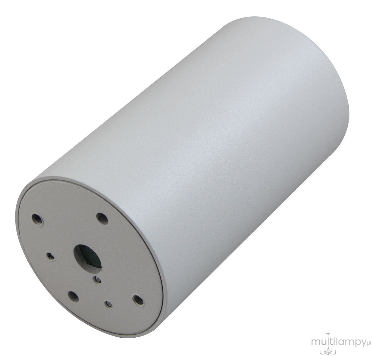 Boka lampa sufitowa tuba stała 1xGU10 w kolorze białym, o cylindrycznym kształcie. Widok z boku, ukazuje gładką, matową powierzchnię oraz otwory montażowe na końcu lampy.
