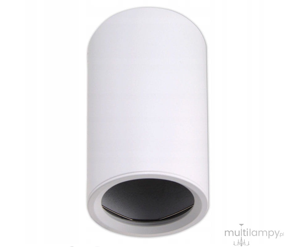 Lampa sufitowa Boka w kształcie białej tuby, przeznaczona do montażu na stałe, z oprawą na żarówkę GU10. Ujęcie frontalne, ukazuje gładką powierzchnię oraz okrągły otwór na żarówkę.