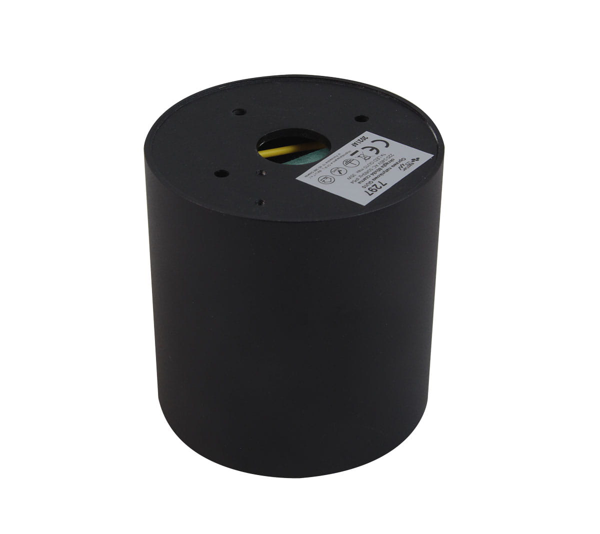 Czarna lampa sufitowa tuba Aqua IP54, o cylindrycznym kształcie, z widoczną górną częścią do montażu. Na górze umieszczona etykieta z instrukcjami. Produkt przeznaczony do łazienek, odporny na wilgoć.