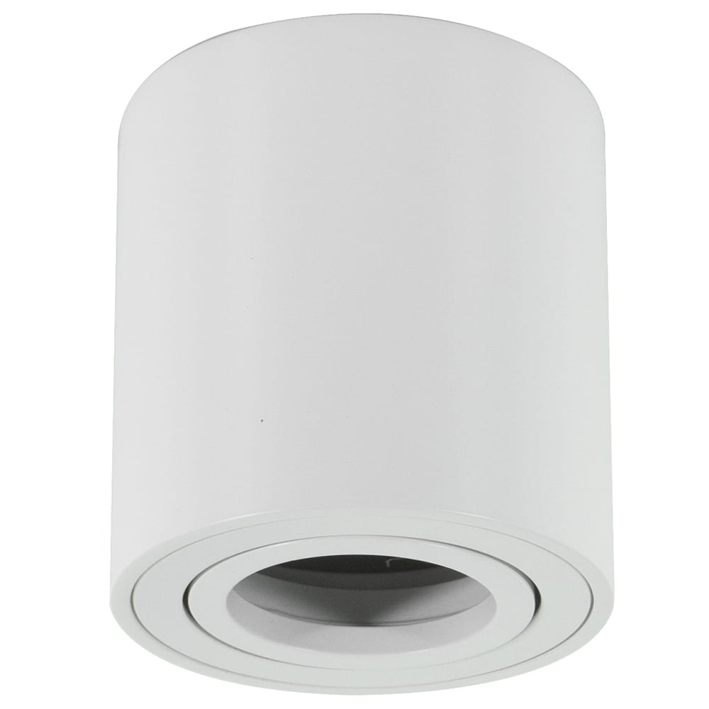 Mini lampa sufitowa tuba w kolorze białym, o cylindrycznym kształcie. Ujęcie frontalne, pokazujące detale otworu na żarówkę. Lampa montowana na suficie, idealna do oświetlenia kierunkowego. Prosta, matowa powierzchnia bez dodatkowych zdobień.