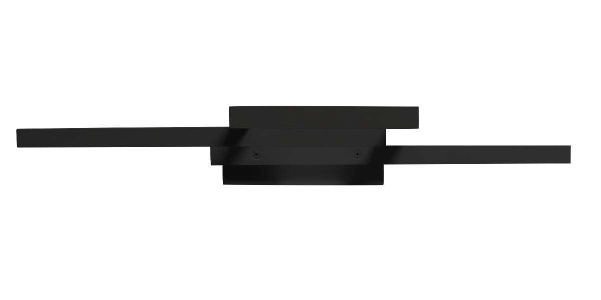 Czarna lampa sufitowa Galaxis Orion LED 72W, 3-punktowa. Posiada prostokątne elementy w poziomie, montowana na suficie. Widoczny pilot do zdalnego sterowania, minimalistyczny design. Ujęcie z góry, ukazujące kształt i układ lampy.