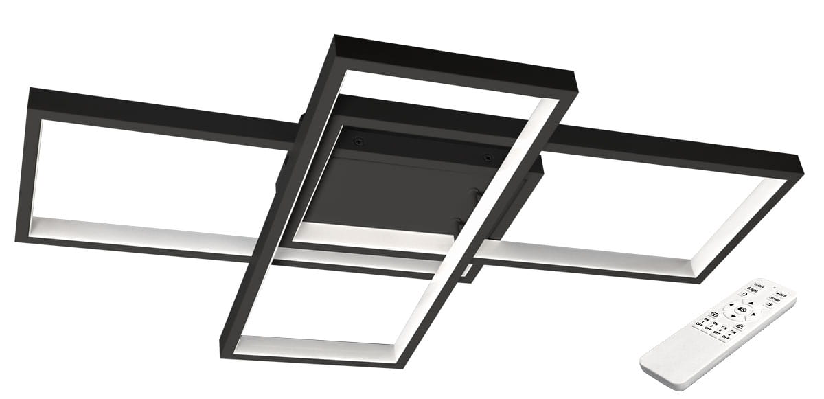 Czarna lampa sufitowa Galaxis Orion LED 72W z trzema prostokątnymi ramami. Ujęcie z dołu, pokazujące elegancki design. W zestawie pilot do zdalnego sterowania. Wykonana z metalu z białym podświetleniem.