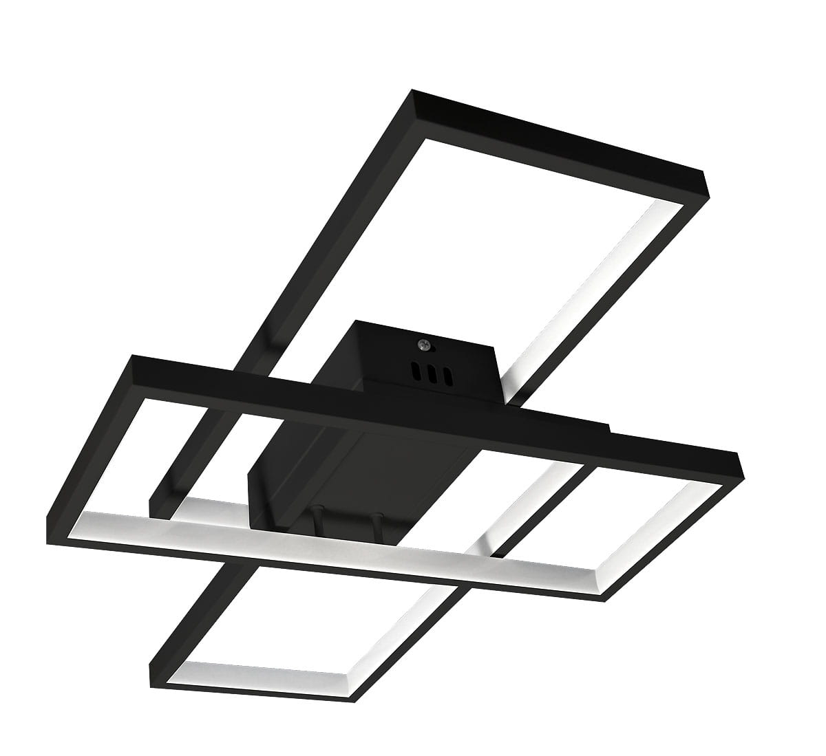 Czarna lampa sufitowa Galaxis Orion LED 72W, 3-punktowa, z pilotem. Posiada prostokątne, podświetlane panele LED w metalowej ramie. Ujęcie z dołu, ukazujące detal konstrukcji i sposób montażu. Idealna do nowoczesnych wnętrz.