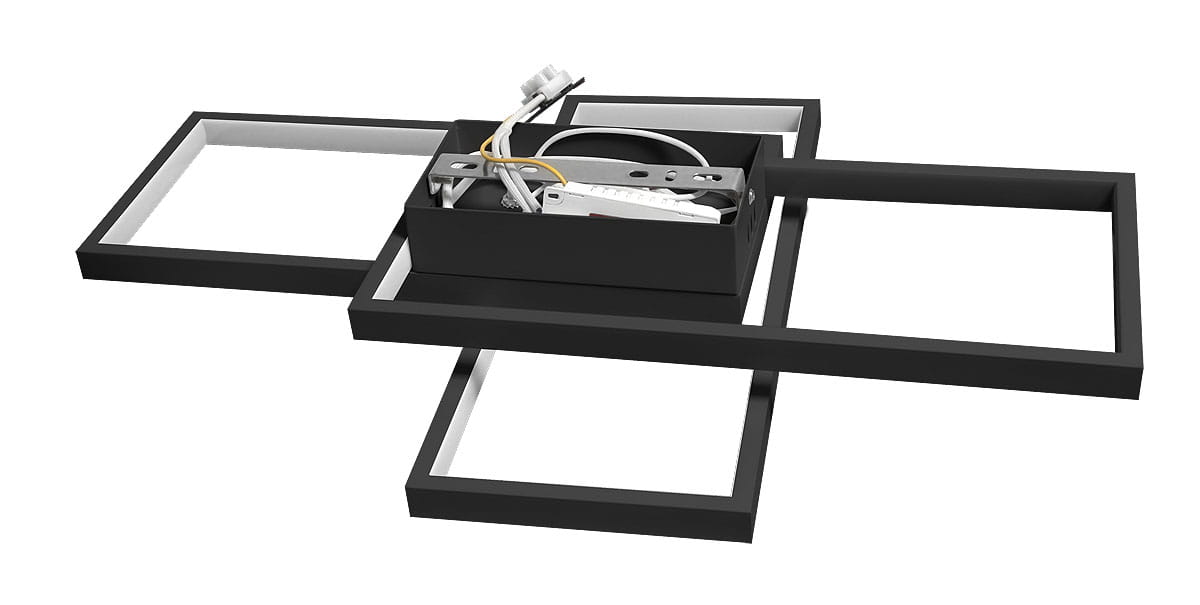 Lampa sufitowa Galaxis Orion LED 72W w kolorze czarnym, z trzema prostokątnymi ramkami. Widoczna część z mechanizmem montażowym i przewodami. Produkt w pozycji leżącej, ukazujący detale konstrukcyjne.