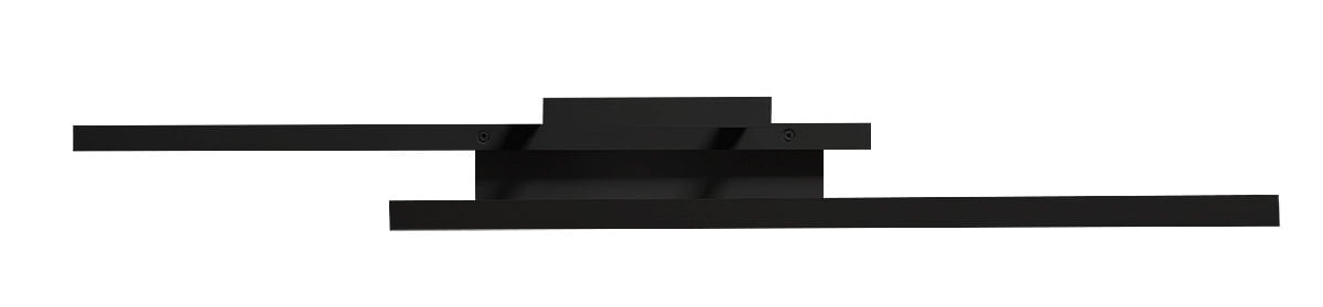 Czarna lampa sufitowa Galaxis Vela LED 90W z trzema punktami świetlnymi, z pilotem. Prosta, nowoczesna konstrukcja z płaskim panelem i dwoma poziomymi ramionami. Montaż sufitowy, minimalistyczny design.