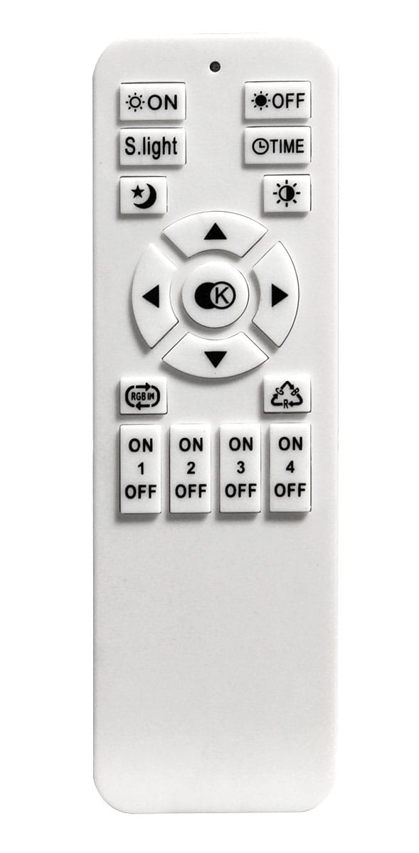 Zdalne sterowanie do lampy sufitowej Galaxis Hydra LED 126W, białe. Widoczne przyciski do włączania, wyłączania, ustawiania trybów oświetlenia oraz kolorów RGB. Centralny okrągły przycisk z oznaczeniem „K” oraz cztery przyciski ON/OFF dla różnych stref.
