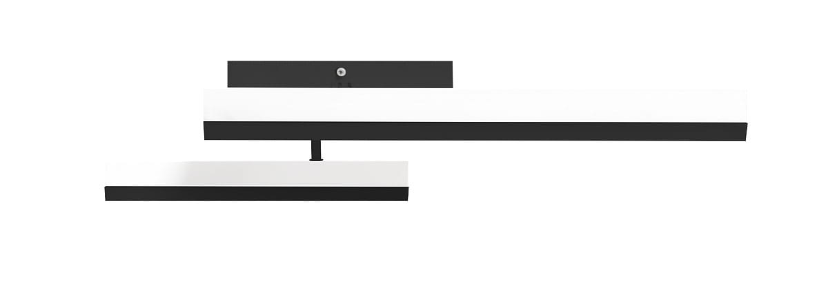 Czarna lampa sufitowa Galaxis Herkules LED 70W z dwiema punktami świetlnymi, z pilotem. Ułożona poziomo, z prostokątnymi kloszami w białym kolorze i czarnymi akcentami. Nowoczesny design, idealna do oświetlenia wnętrz.