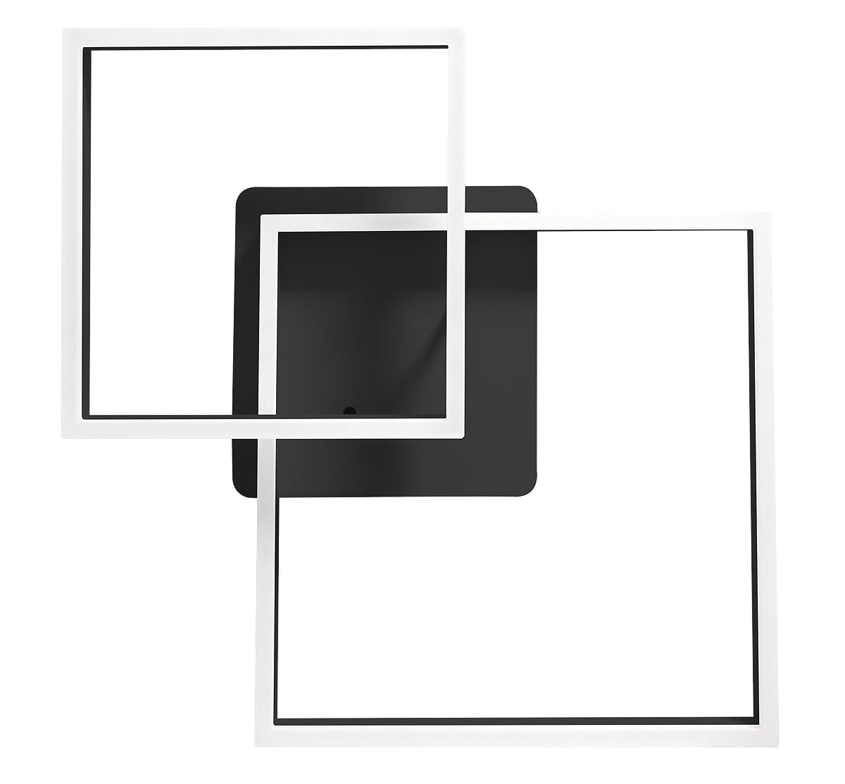 Czarna lampa sufitowa Galaxis Herkules LED 70W z dwoma kwadratowymi punktami świetlnymi. Ułożona w nietypowy sposób, z białymi ramkami wokół czarnego wnętrza. Posiada pilot do zdalnego sterowania.