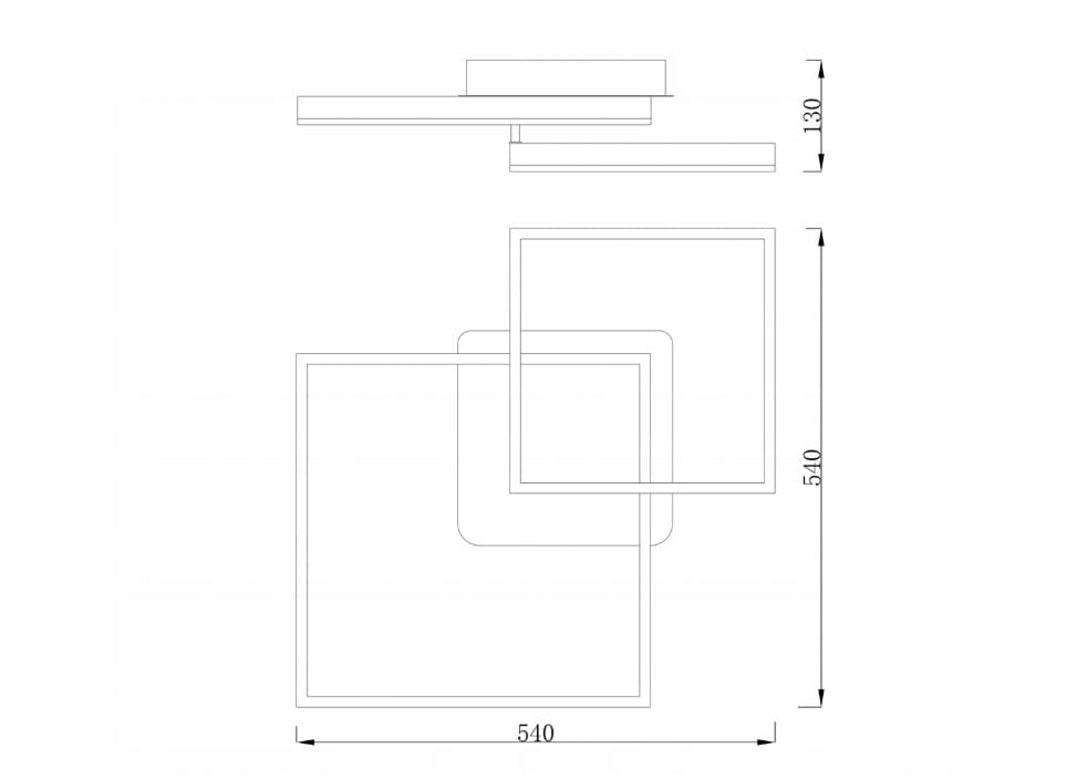 Czarna lampa sufitowa Galaxis Herkules LED 70W, 2-punktowa, z pilotem. Lampa ma nowoczesny, geometryczny kształt z dwoma kwadratami, górny wymiar 540 mm, wysokość 130 mm. Idealna do nowoczesnych wnętrz.