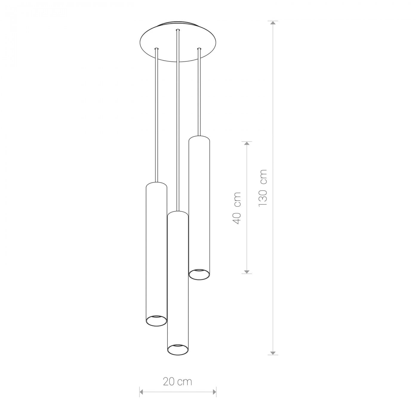 Lampa wisząca Eye 3-punktowa w kolorze mosiądzu, składająca się z trzech cylindrycznych kloszy o wysokości 40 cm, zawieszona na linkach na wysokości 130 cm. Szerokość podstawy wynosi 20 cm. Prosty design idealny do nowoczesnych wnętrz.