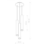 Lampa wisząca Eye 3-punktowa w kolorze mosiądzu, składająca się z trzech cylindrycznych kloszy o wysokości 40 cm, zawieszona na linkach na wysokości 130 cm. Szerokość podstawy wynosi 20 cm. Prosty design idealny do nowoczesnych wnętrz.