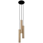 Lampa wisząca Eye 3-punktowa w kolorze mosiężnym. Składa się z trzech cylindrycznych źródeł światła zawieszonych na czarnych kablach. Montaż sufitowy na okrągłej podstawie. Elegancki design, idealna do nowoczesnych wnętrz.