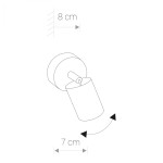 Biały kinkiet Eye Spot 1-punktowy, z okrągłą podstawą i cylindrycznym kloszem, o wymiarach 8 cm wysokości i 7 cm średnicy. Klosz obraca się, umożliwiając regulację kierunku światła. Prosty design pasujący do nowoczesnych wnętrz.
