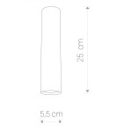 Lampa sufitowa Eye M, 1-punktowa, w kolorze mosiądzu. Cylindryczny kształt, wysokość 25 cm, średnica 5,5 cm. Widok frontalny, na białym tle. Prosta, elegancka forma, idealna do nowoczesnych wnętrz.