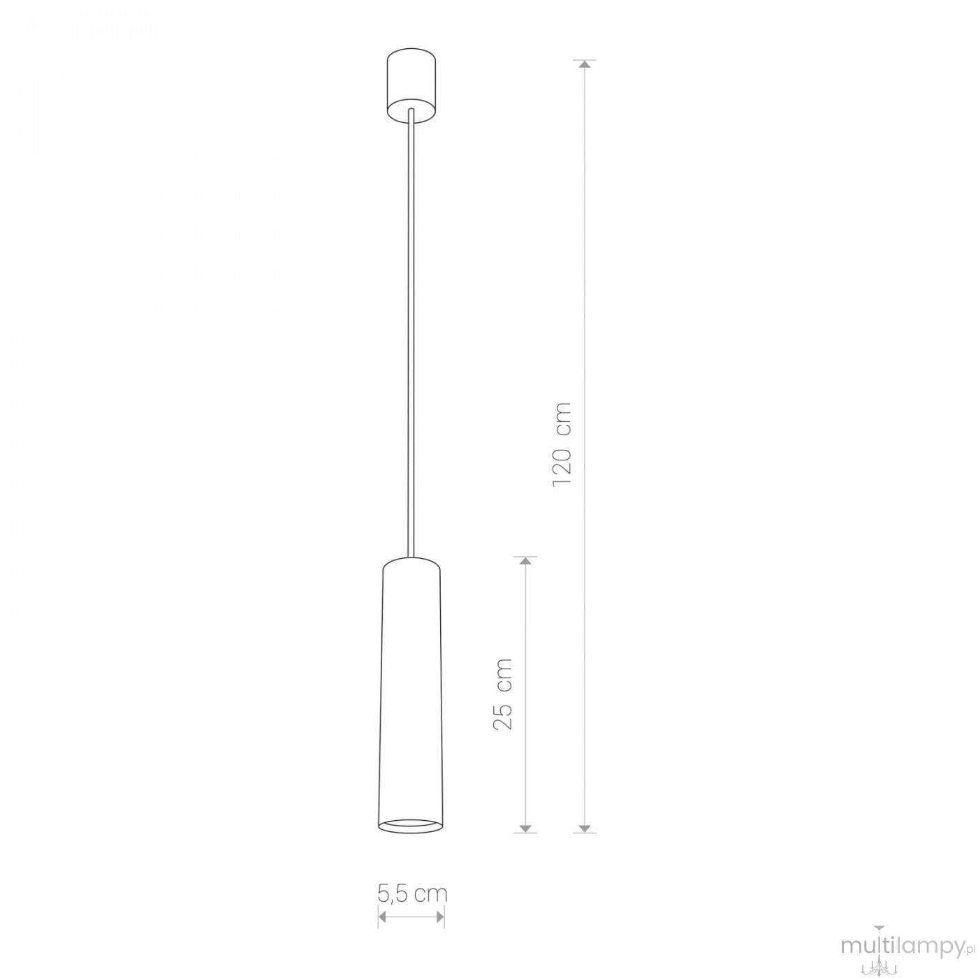 Lampa wisząca Eye M w kolorze mosiężnym, z cylindrycznym kloszem o długości 25 cm i średnicy 5,5 cm. Zawieszona na cienkim przewodzie o długości 120 cm, prezentuje minimalistyczny design, idealna do nowoczesnych wnętrz.
