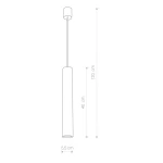 Lampa wisząca Eye L w kolorze białym, jednolita, o cylindrycznym kształcie, z długością 120 cm i średnicą 5,5 cm. Zawieszona na cienkim przewodzie, montowana do sufitu, z widocznym elementem mocującym na górze.