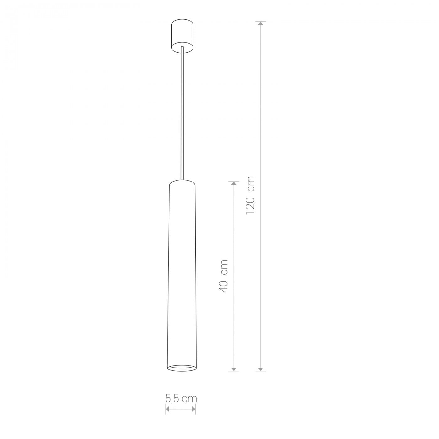Lampa wisząca Eye L w kolorze mosiężnym, o cylindrycznym kształcie. Wymiary: wysokość 120 cm, średnica 5,5 cm. Zawieszona na cienkim przewodzie, idealna do nowoczesnych wnętrz. Prosty design, bez dodatkowych zdobień.