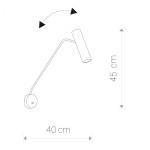 Biały kinkiet Eye Super o wymiarach 40 cm szerokości i 45 cm wysokości, z ruchomą oprawą w kształcie cylindrycznym. Montowany na ścianie, idealny do oświetlenia przestrzeni. Prosty, nowoczesny design, widoczne logo na podstawie.