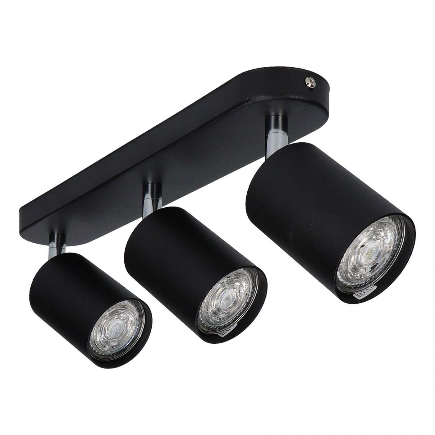 Lampa sufitowa Eye Spot 3-punktowa w kolorze czarnym z okrągłymi kloszami, zamontowana na prostokątnej podstawie. Klosze ustawione pod różnymi kątami, wykonane z metalu, z widocznymi źródłami światła. Idealna do nowoczesnych wnętrz.