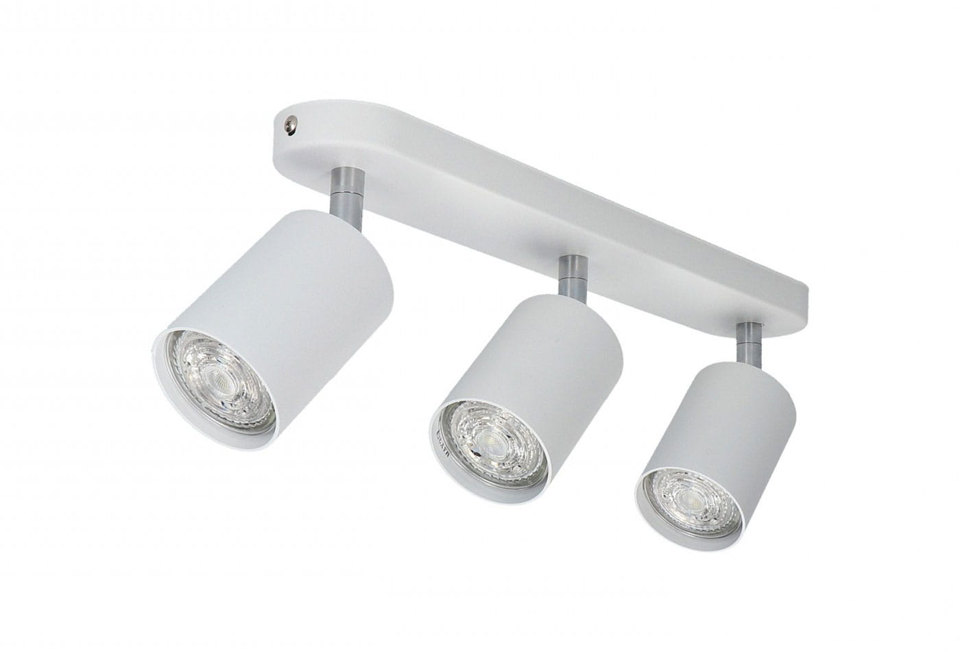 Lampa sufitowa Eye Spot 3-punktowa w kolorze białym. Ułożona poziomo z trzema cylindrycznymi kloszami. Klosze metaliczne z przezroczystymi żarówkami, montowane na prostokątnej podstawie. Minimalistyczny design, idealna do nowoczesnych wnętrz.