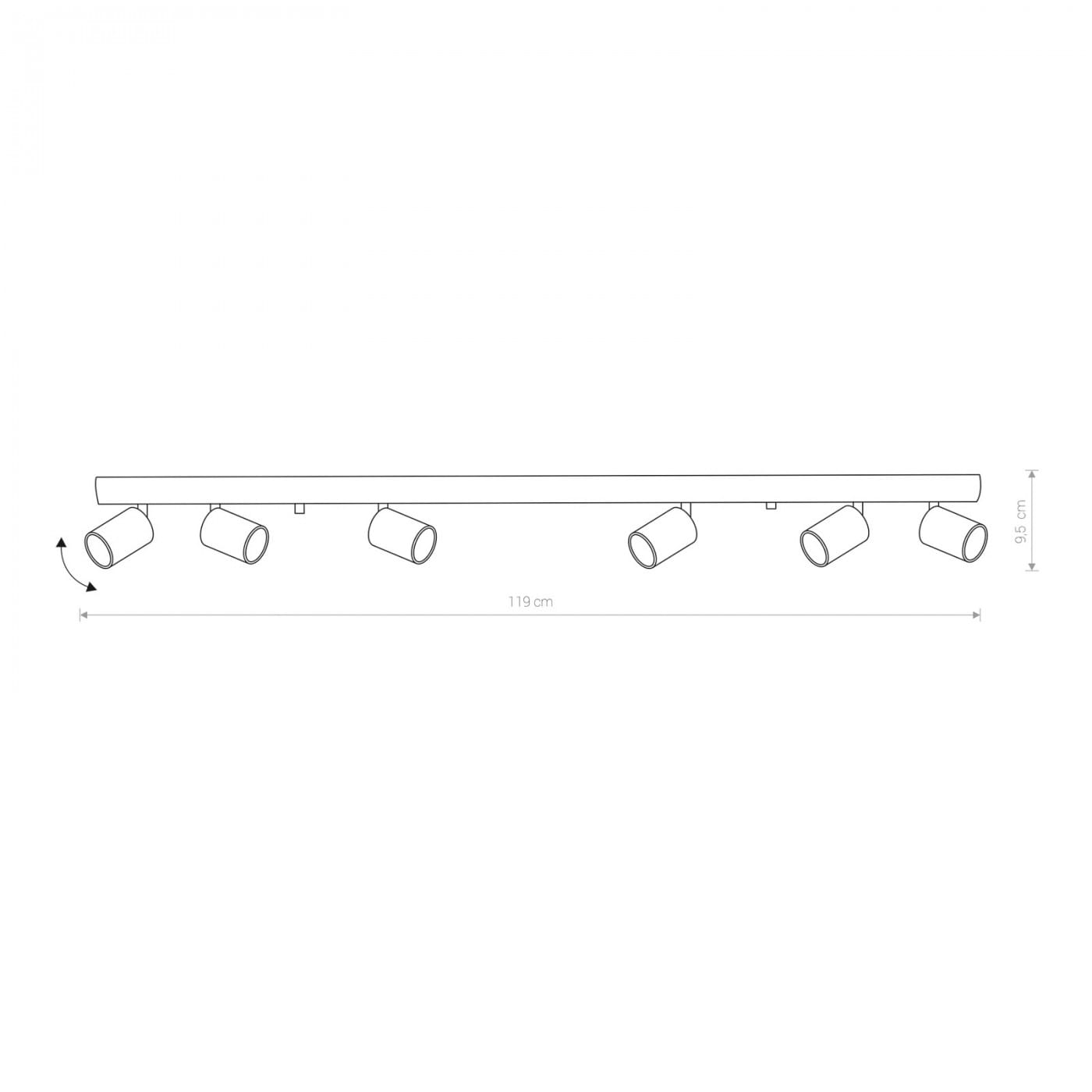 Lampa sufitowa Eye Spot 6-punktowa w kolorze białym, z prostokątnym mocowaniem o długości 119 cm i wysokości 5 cm. Posiada sześć regulowanych punktów świetlnych w formie cylindrów, zamontowanych na płaskiej, minimalistycznej podstawie.