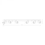 Lampa sufitowa Eye Spot 6-punktowa w kolorze białym, z prostokątnym mocowaniem o długości 119 cm i wysokości 5 cm. Posiada sześć regulowanych punktów świetlnych w formie cylindrów, zamontowanych na płaskiej, minimalistycznej podstawie.