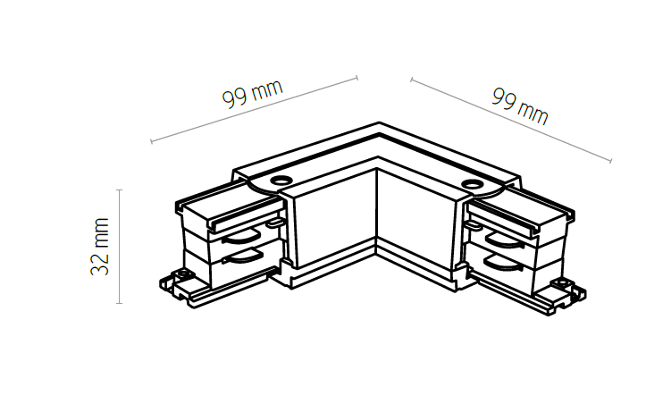 Złącze kątowe Tracer do prowadnicy szyny 3-fazowej w kolorze czarnym, w kształcie litery L. Wymiary: 99 mm x 99 mm x 32 mm. Widoczne otwory do mocowania oraz elementy łączące.