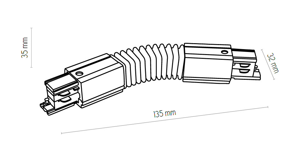 Złącze elastyczne do prowadnicy szyny 3-fazowej w kolorze czarnym. Produkt ma długość 135 mm, wysokość 35 mm i szerokość 32 mm. Zawiera dwa końce z systemem mocowania oraz elastyczną część pośrodku, umożliwiającą łatwe dopasowanie.