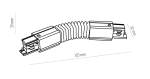Złącze elastyczne do prowadnicy szyny 3-fazowej w kolorze czarnym. Produkt ma długość 135 mm, wysokość 35 mm i szerokość 32 mm. Zawiera dwa końce z systemem mocowania oraz elastyczną część pośrodku, umożliwiającą łatwe dopasowanie.