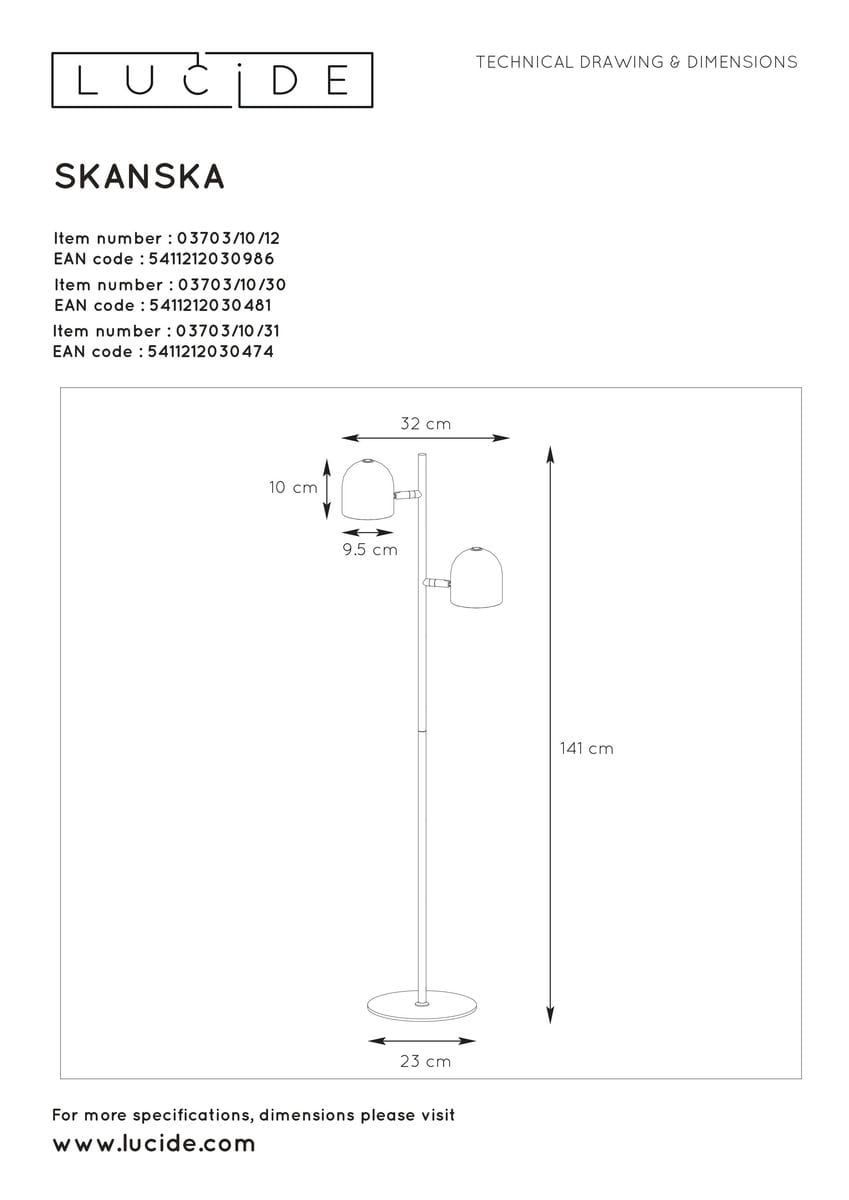 Czarna lampa podłogowa Skanska z dwoma punktami świetlnymi, o wysokości 141 cm i średnicy podstawy 23 cm. Klosze o średnicy 10 cm i 9,5 cm, zamontowane na smukłej, metalowej nodze. Ujęcie frontalne, na białym tle.
