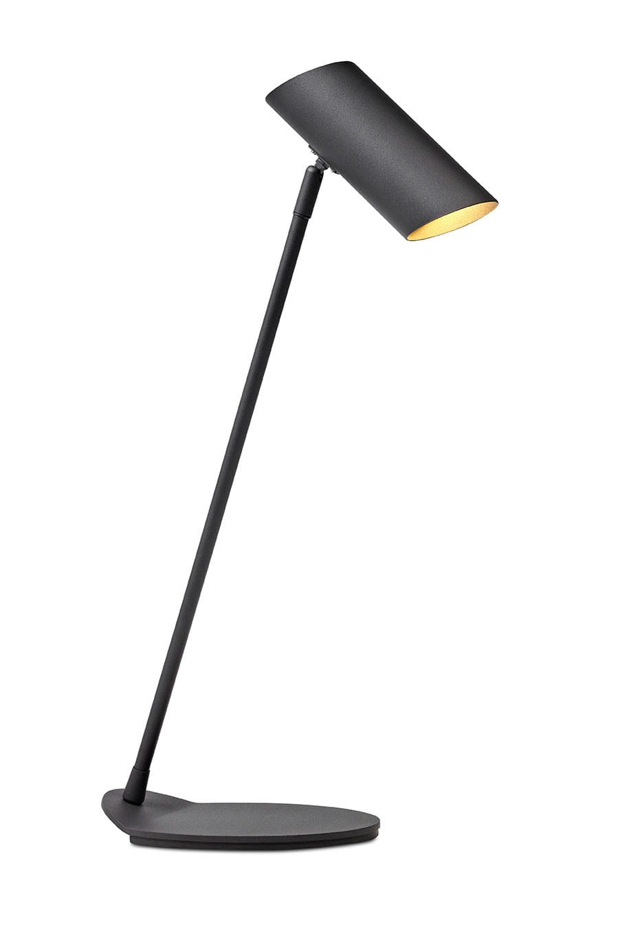 Lampa biurkowa Hester 1-punktowa w kolorze antracytowym. Posiada cylindryczny klosz skierowany na bok, osadzony na smukłym, regulowanym ramieniu i okrągłej podstawie. Powierzchnia matowa, minimalistyczny design.