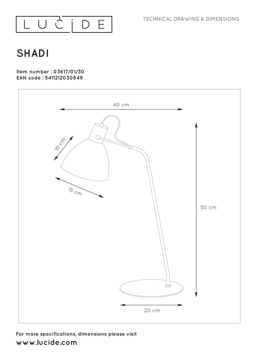 Czarna lampa biurkowa Shadi o wysokości 50 cm i średnicy podstawy 20 cm, z kloszem o średnicy 15 cm. Kształt prosty, z regulowanym ramieniem. Widok z boku, pokazujący proporcje i detale konstrukcji.