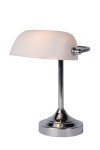 Lampa biurkowa Banker 1-punktowa w kolorze białym i chromowanym. Posiada zaokrąglony klosz z matowego szkła oraz chromowaną podstawę, stojącą na płaskiej podstawie. Ujęcie frontalne, ukazujące detale konstrukcji i materiałów.