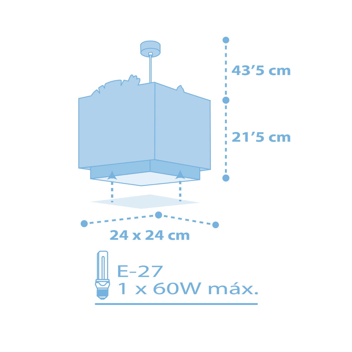 Niebieska lampa wisząca Baby Jungle o wymiarach 43,5 cm wysokości i 24 x 24 cm szerokości. Posiada miejsce na żarówkę E-27 o maksymalnej mocy 60W. Zawieszona na prostym stelażu, idealna do pokoju dziecięcego.