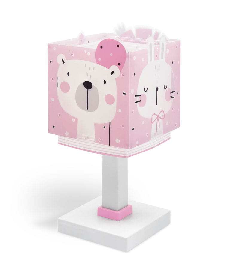 Różowa lampka nocna Baby Jungle z motywem misia i królika, umieszczona na białej, kwadratowej podstawie. Kształt prostopadłościanu z dekoracyjnymi wzorami i kolorowymi detalami. Idealna do pokoju dziecięcego.