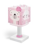 Różowa lampka nocna Baby Jungle z motywem misia i królika, umieszczona na białej, kwadratowej podstawie. Kształt prostopadłościanu z dekoracyjnymi wzorami i kolorowymi detalami. Idealna do pokoju dziecięcego.
