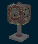 Lampa nocna Baby Jungle w kolorze różowym, 1-punktowa. Kwadratowy klosz z motywem lwa i tygrysa, ozdobiony gwiazdkami. Podstawa w szarym kolorze z różowym akcentem. Produkt stojący, przeznaczony do dziecięcego pokoju.