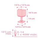 Różowa lampka nocna Baby Jungle z kwadratowym kloszem, stojąca na prostym, stabilnym podstawie. Wymiary: 16,5 cm wysokości, 13,5 x 13,5 cm szerokości. Pasuje żarówka E14, maks. 40W. Idealna do dziecięcego pokoju.