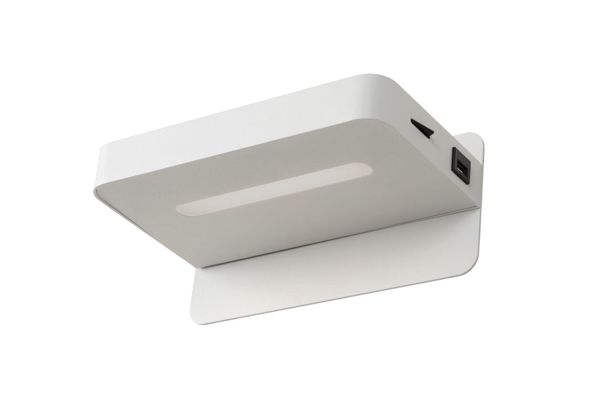 Atkin LED kinkiet 1-punktowy w kolorze białym, prostokątny, zamontowany na ścianie, z wbudowanym portem USB. Posiada cienki pas świetlny na przedniej części, zapewniający nowoczesny wygląd i funkcjonalność.