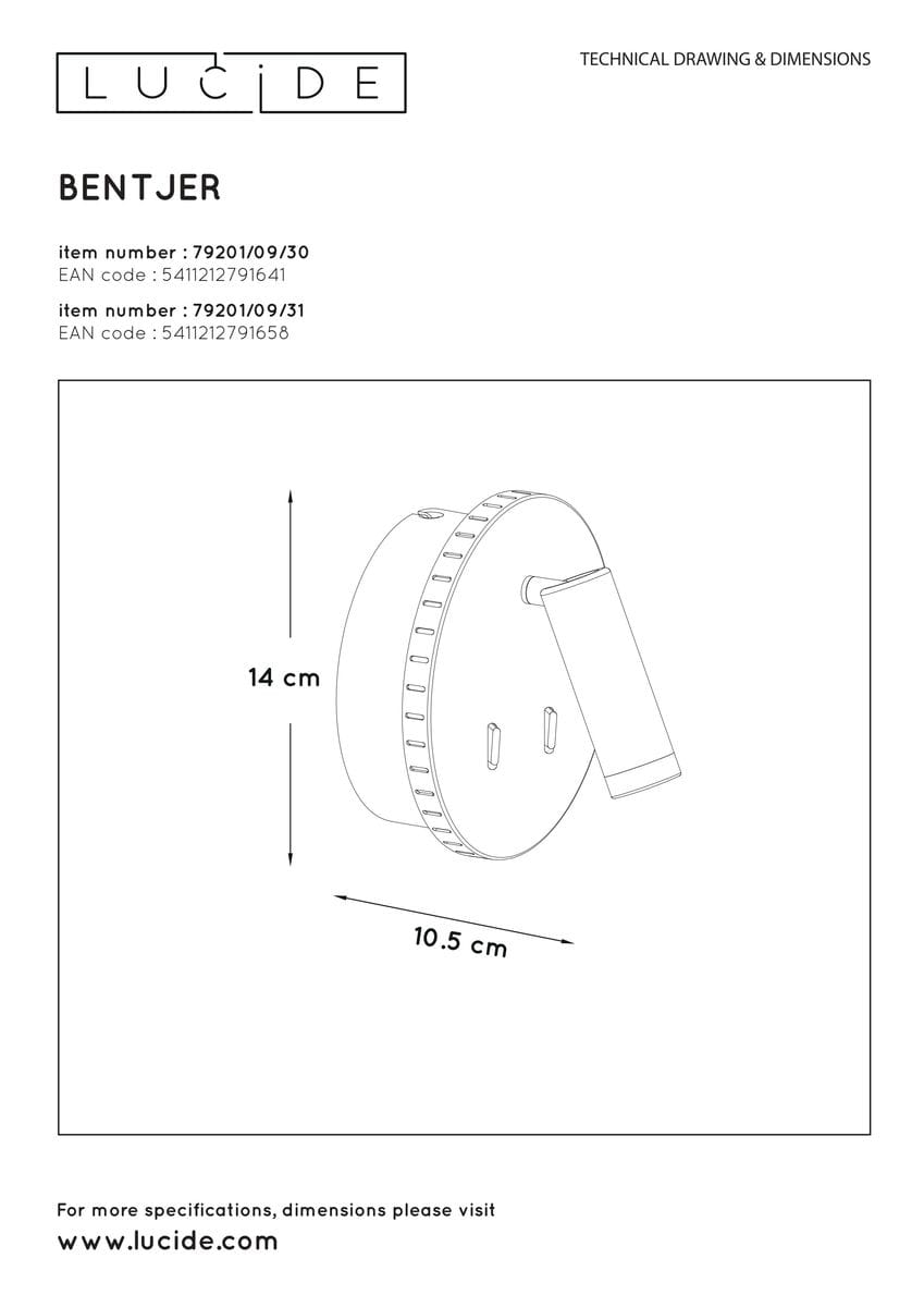 Czarny kinkiet LED Bentjer 2-punktowy, o okrągłej podstawie (średnica 10,5 cm, wysokość 14 cm) z wysuwanym ramieniem. Prosty design, idealny do nowoczesnych wnętrz. Widoczny detal mocowania na ścianie.