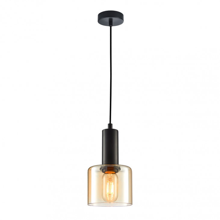 Lampa wisząca Santia 1-punktowa w kolorze czarnym z bursztynowym kloszem. Okrągły klosz z przezroczystego szkła z widoczną żarówką, zawieszona na czarnym przewodzie. Montaż sufitowy. Idealna do nowoczesnych wnętrz.