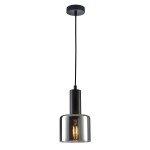 Czarna lampa wisząca Santia z dymionym kloszem, 1-punktowa. Produkt zawieszony na cienkim przewodzie, z metalowym mocowaniem sufitowym. W środku widoczna żarówka, całość o nowoczesnym designie. Tło jasne, podkreślające detale lampy.