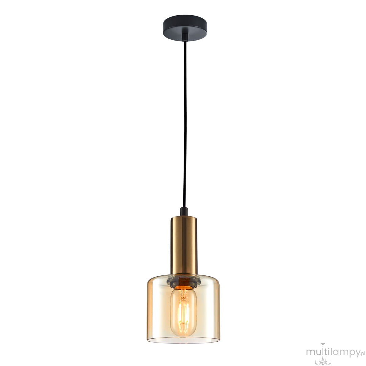 Lampa wisząca Santia w kolorze mosiądzu i bursztynu, z przezroczystym kloszem, zawieszona na czarnym przewodzie. Kształt cylindryczny, z widoczną żarówką w środku. Klosz z delikatnym zaokrągleniem, montaż sufitowy.