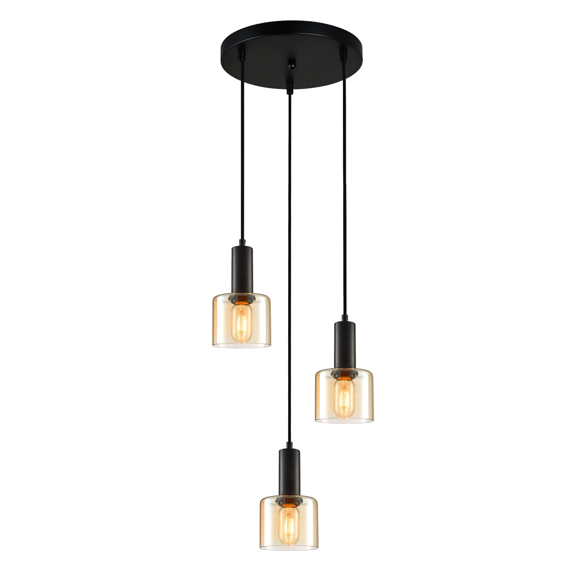 Lampa wisząca Santia 3-punktowa w kolorze czarnym z bursztynowymi kloszami. Posiada trzy szklane klosze na długich linkach, zawieszona na okrągłej podstawie. Wymiary i detale wykonania nie są widoczne. Tło proste, jasne.